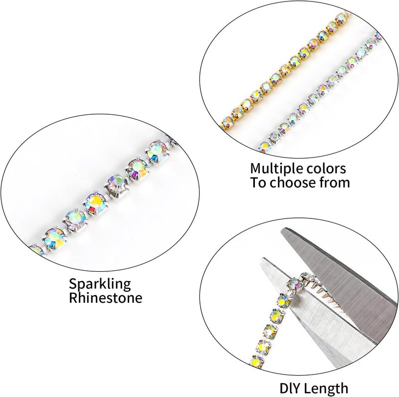 Rytenz 10 Yards 2 MM Rhinestone Chain Trim Crystal Close Chain Trim Shiny Rhinestone Chain for Sewing Crafts, DIY Decoration, Jewelry, Clothing, Shoes (AB-Silver, 2MM) - Image 3